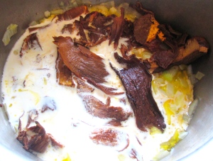 add porcini and heavy cream, add kosher salt and cayenne papper, simmer